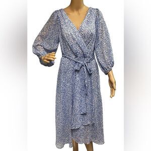 DKNY Blue Wrap Midi Dress Long Sleeve Belted Boho Chic Women’s Size 12